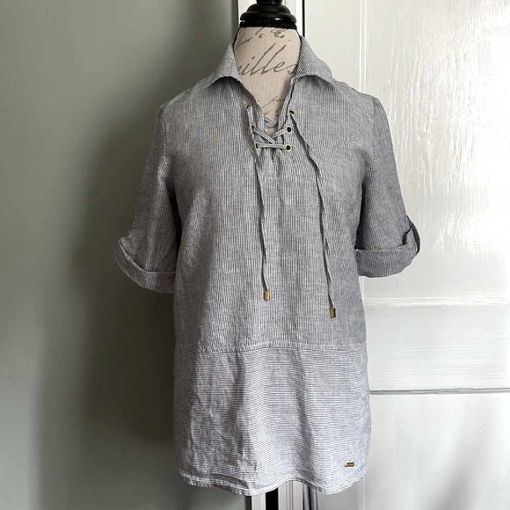 ELLEN TRACY Black and White Striped Linen Blend Popover Tunic